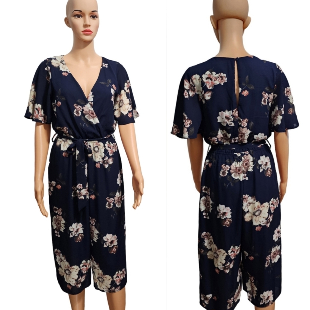 One Clothing Los Angeles Blue Floral Boho Romantic V-Neck Casual Jumpsuit XS